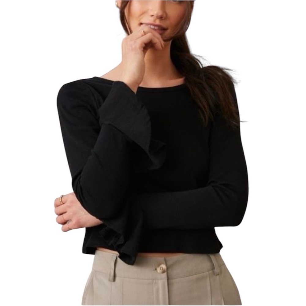 Maeve Elegant Black Long Sleeve Crew Neck Ruffle Sleeve Cropped Top Whimsigoth - Picture 3 of 8